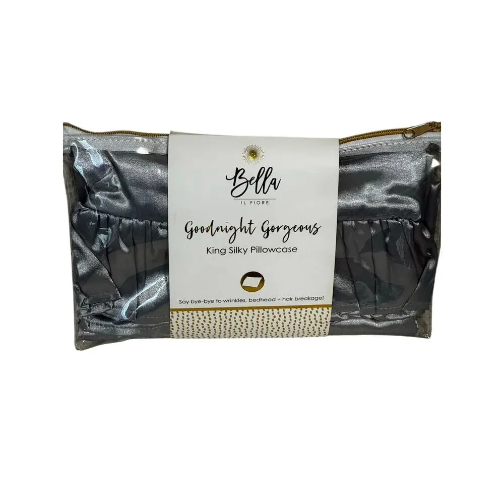Bella NWT King Silky Gray pillow case with ruffle end & zip closure Luxurious